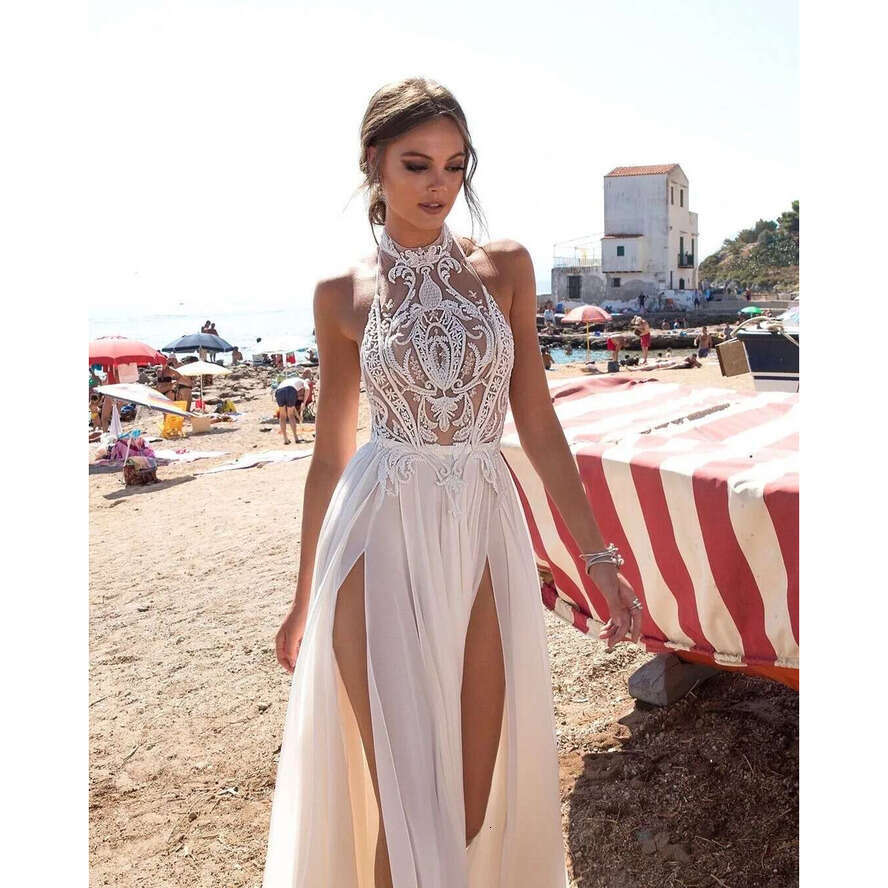 Vestido De Festa High-End Split Dresses Heavy Beading Halter Open Back Wedding Dress Chiffon Boho Chic Rustic Bridal Gowns