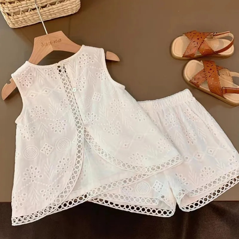 Summer Children Baby Girl 2PC Clothes Set Cotton Hollow Lace Sleeveless Vest Elastic Waist Shorts Suit Toddler Girls Outfit 250221
