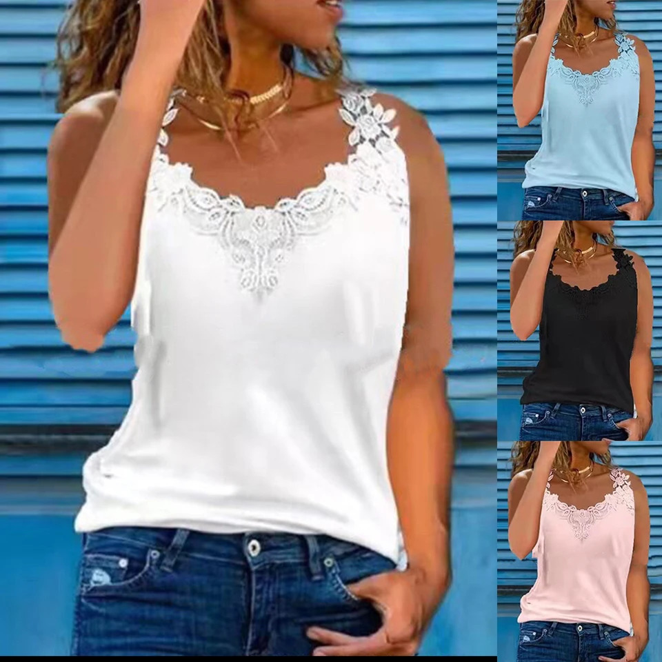 Plus Size Oversized Womens Lace V Neck Tank Tops Ladies Summer Sleeveless Casual Loose Camisole Vest T-Shirt Clothing For Female 250224
