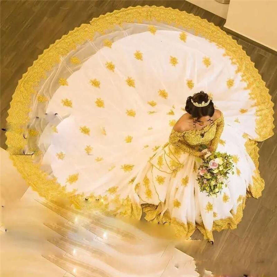 New African A E Wedding Dresses Off Shoulder Gold Lace Applique Beads Illusion Long Sleeves Backless Court Train Bridal Gowns
