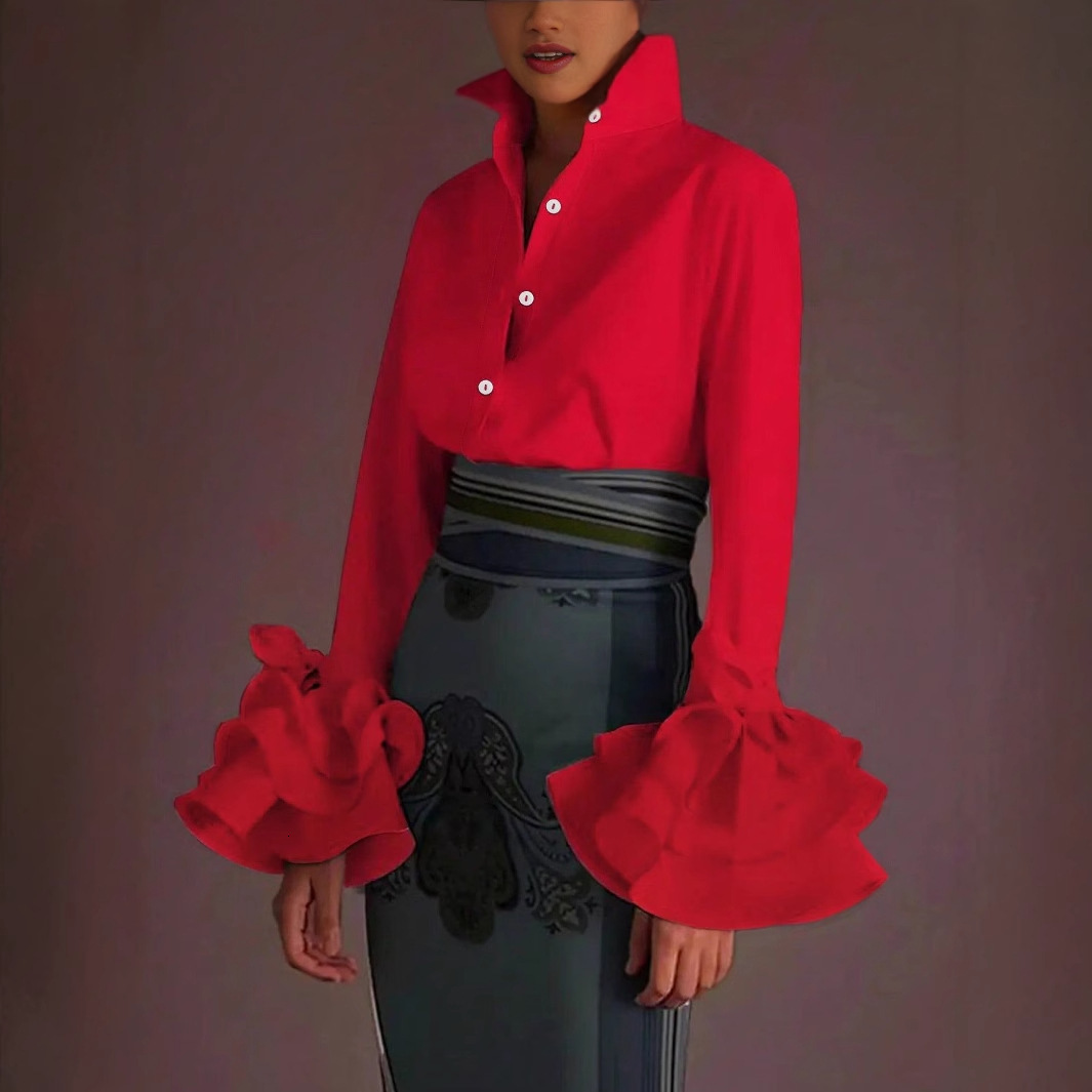 Womens Shirt Elegant Plain Mock Neck Tie Arm Trumpet Sleeve Shirt Office Lady Blue Fashion High Quality Long Sleeve Blouse 240805