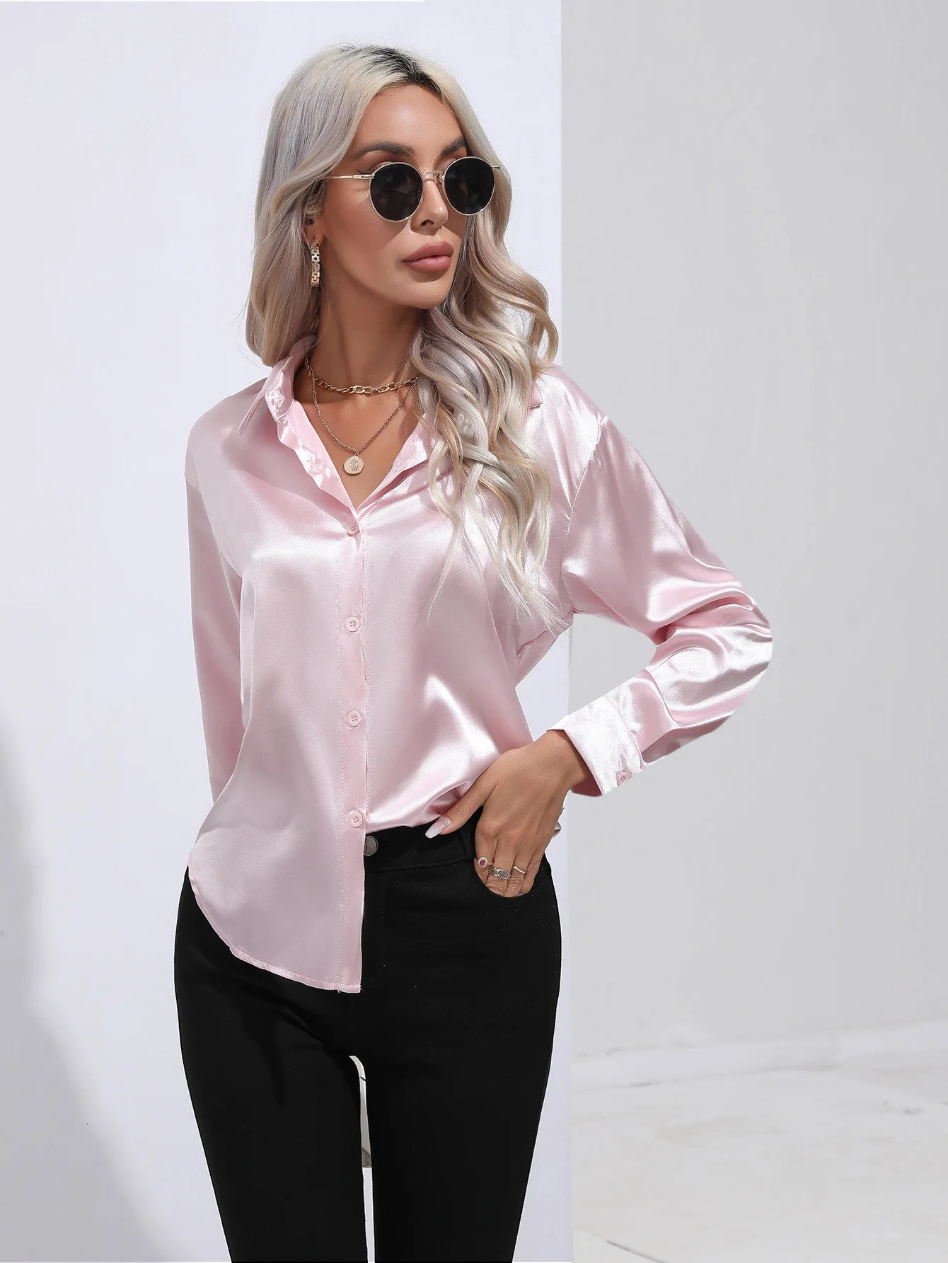 Spring Satin Shirt Women Loose Button Up Blouse Shirt Ladies Silk Long Sleeve Shirt For Women 250225