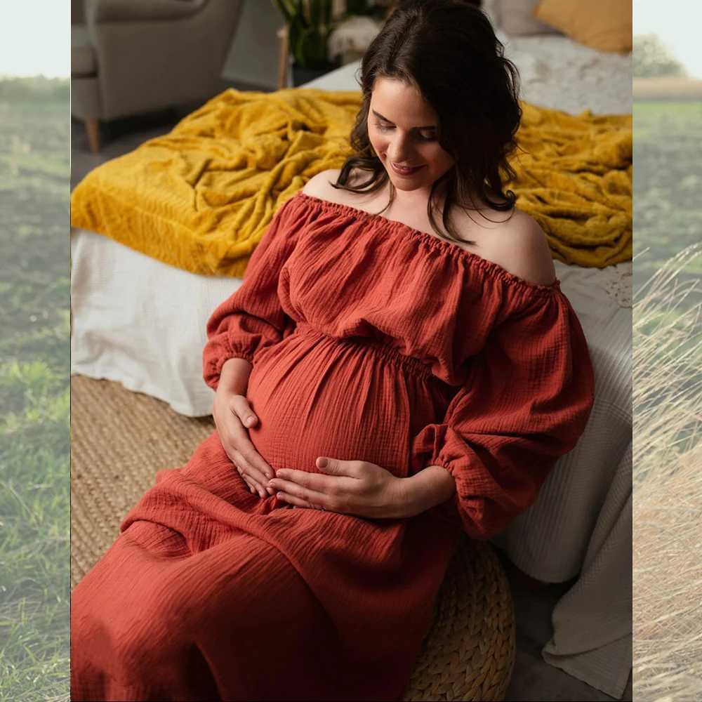 Bohemian Maternity Photo Shoot Dress Comfort Linen Cotton One Shoulder Dress For Pregnant Women Boho Style Baby Shower Dress X250224