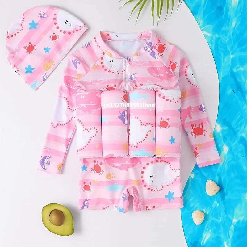 Childrens Buoyancy Swimsuit Cartoon Print Swimwear Kid One-Piece Floating Rash Guards Bathing Clothes Boys Girls Swimming Suits X250224