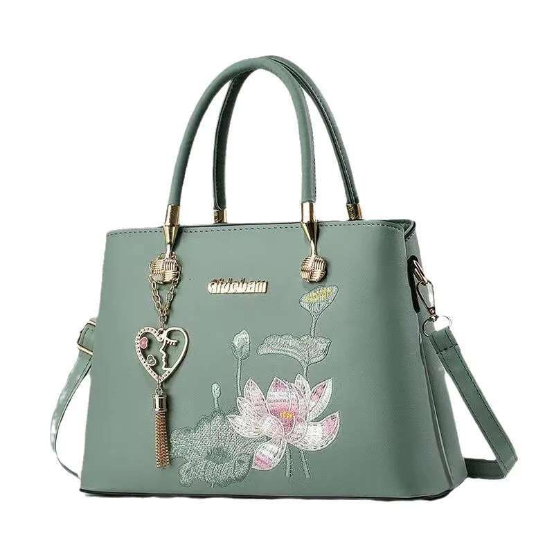 Embroidery lotus Crossbody 2024 Thread Handbag Pu Leather Women Shoulder Bags Brand Sequined Tassel Bag