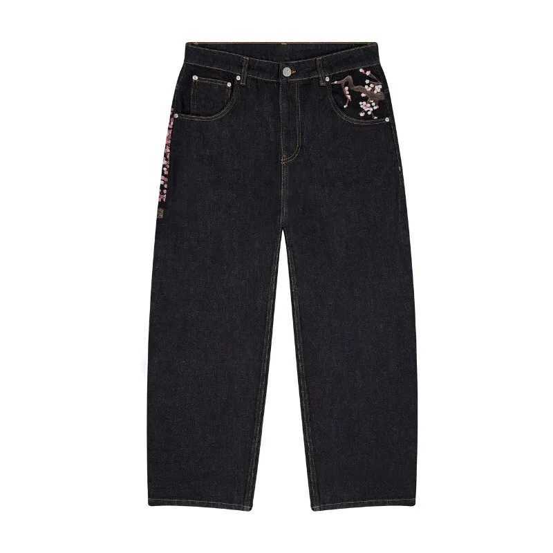 Men's Jeans Y2K Harajuku jeans Gothic retro plum flower embroidery pattern wide leg pants mens denim fabric American streetwear z250225