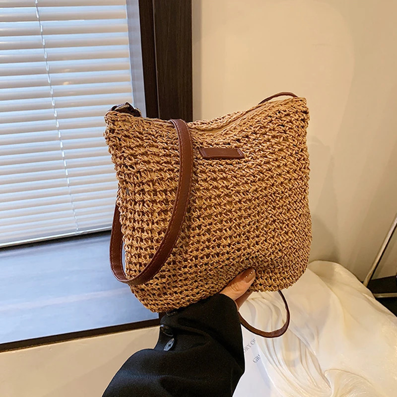 Bohemian Straw Beach Bags For Women High Capacity Handmade Shoulder Bag Casual Woven Tote Bag Shopping Clutch Handbag Purse 250224
