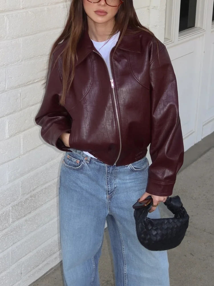 Women Brown Long Sleeve Lapel Leather Jacket Fashion Zipper Pockets Loose Coats Autumn Winter Lady High Street Outerwear 250224