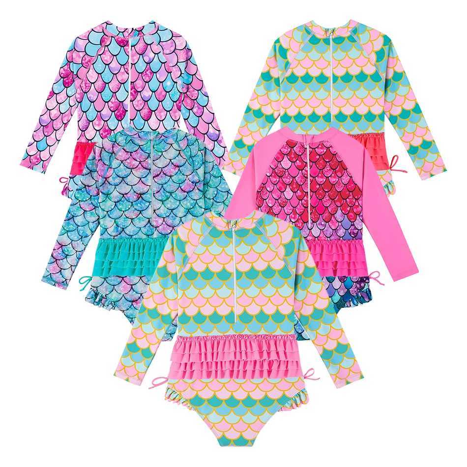 Childrens One-Piece Long Sleeved Swimsuit Girl Mermaid Multi-color Swimsuit Girl Swimming Pool Party Sun Protection Swimwear X250224