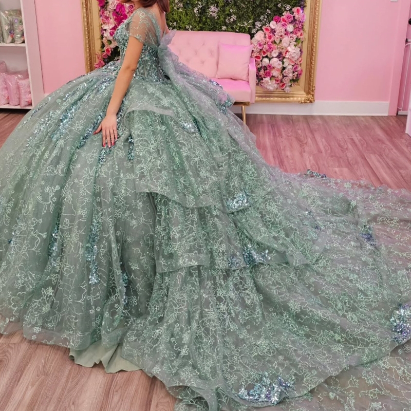 Mint Green Shiny Quinceanera Dresses Ball Gown Off The Shoulder Sequin Applique Lace Beads Tull Party Birthday Sweet 16 Dress Vestidos 15 Anos