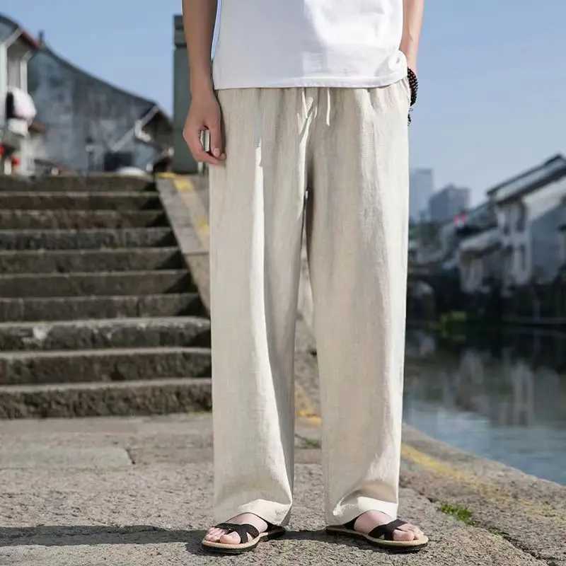 Chinese style loose linen casual pants mens spring and summer thin straight leg cotton linen wide leg harem Trouser lantern W250225