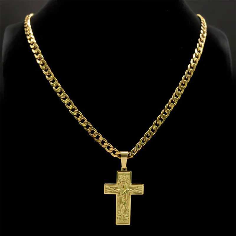Stainless Steel Cross Jesus Pendant Necklace for Men Gold Color Hip Hop Cuban Chain Religious Crucifix Necklaces Jewelry NZZ470S X250224