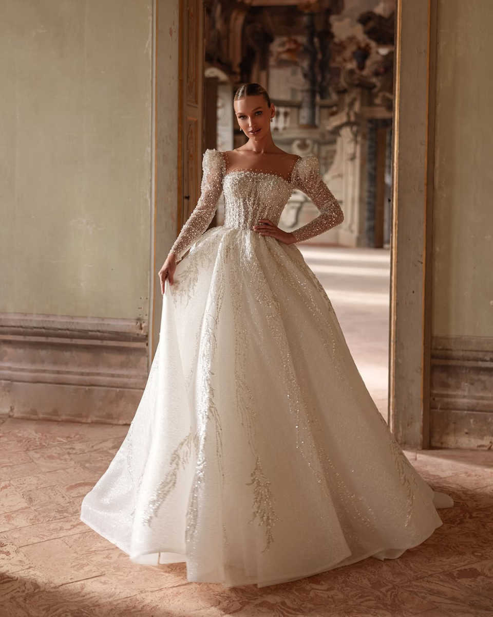Classic A Line Women Wedding Dress Sheer Neck Long Sleeves Backless Bridal Gowns Sequins Lace Sweep Train Dress Custom Made
