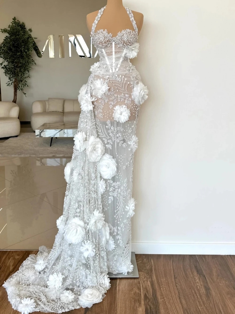 Sexy Halter Wedding Dresses See Through Mermaid Bridal Gowns 3D Flowers Beaded Pearls Sequins Customized Princess Sweep Train Bride Dress Vestidos De 