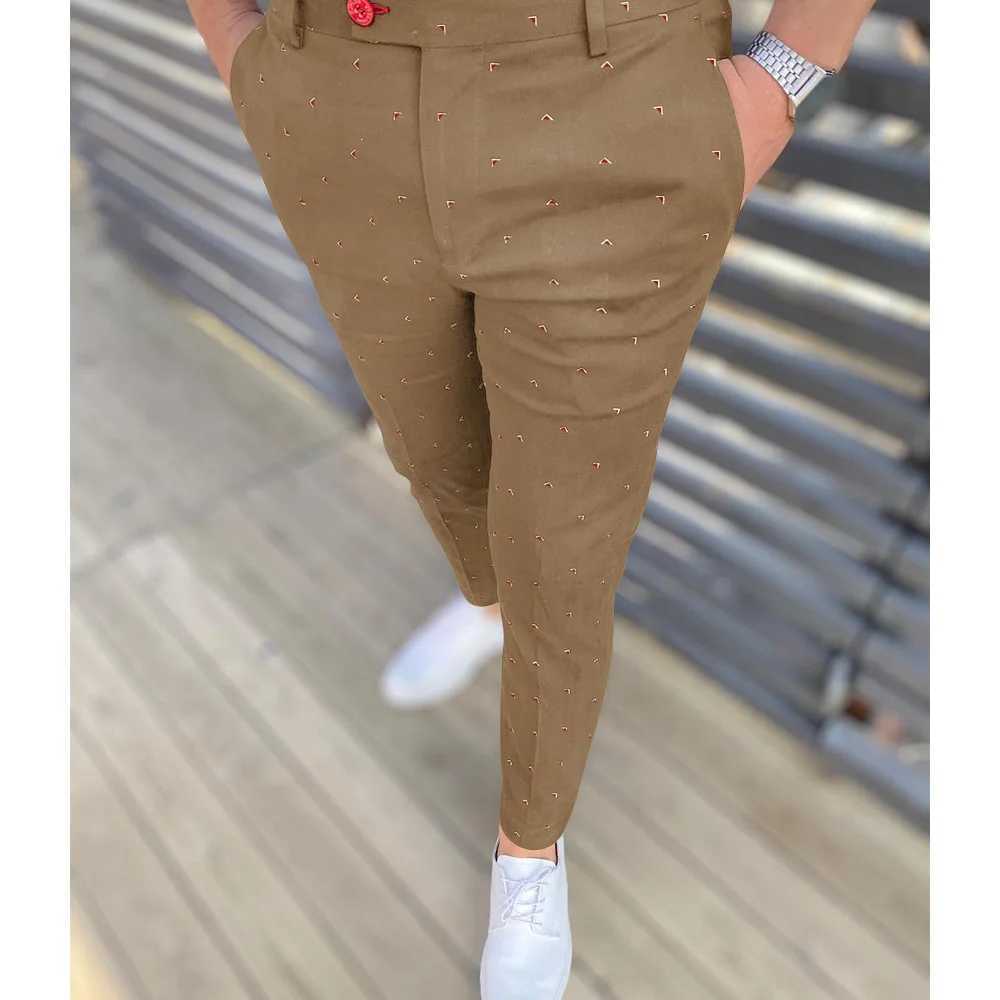 Khaki mens casual geometric printed pants tight pencil pants zipper elastic waist pants oversized mens clothing W250225