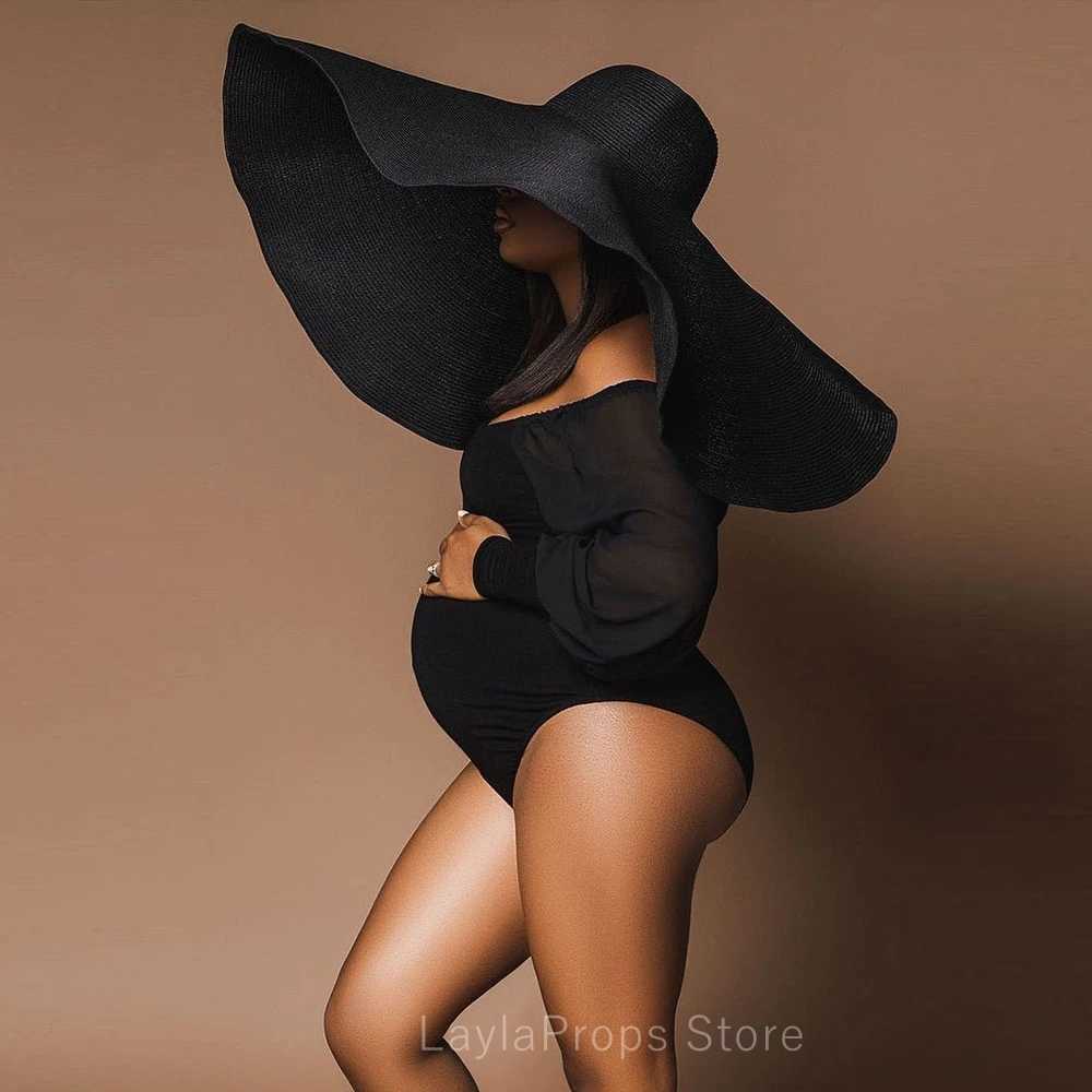 Bodysuit Gorgeous piece for Maternity Photoshoot Black Top Featuring Off Shoulder Neckline Chiffon Sleeves X250224