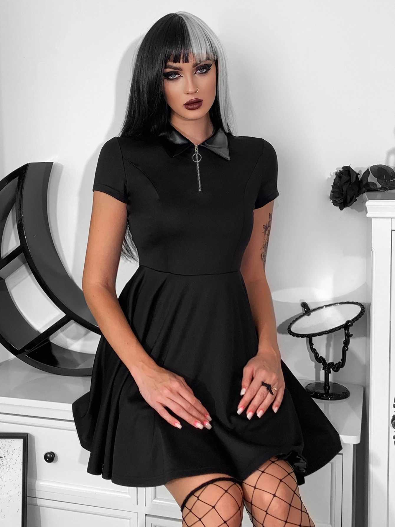 Womens Gothic Short Skirt 2024 Dark Design Suede Square Collar Sve Short Skirt New Solid Color Womens WearXJ250224