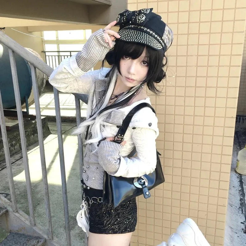 Karrram Japanese Y2k Two-piece Knitted Tops Trashy 2000s Hooded Jacket Vintage Harajuku Knitwear Grunge Aesthetics American 250224