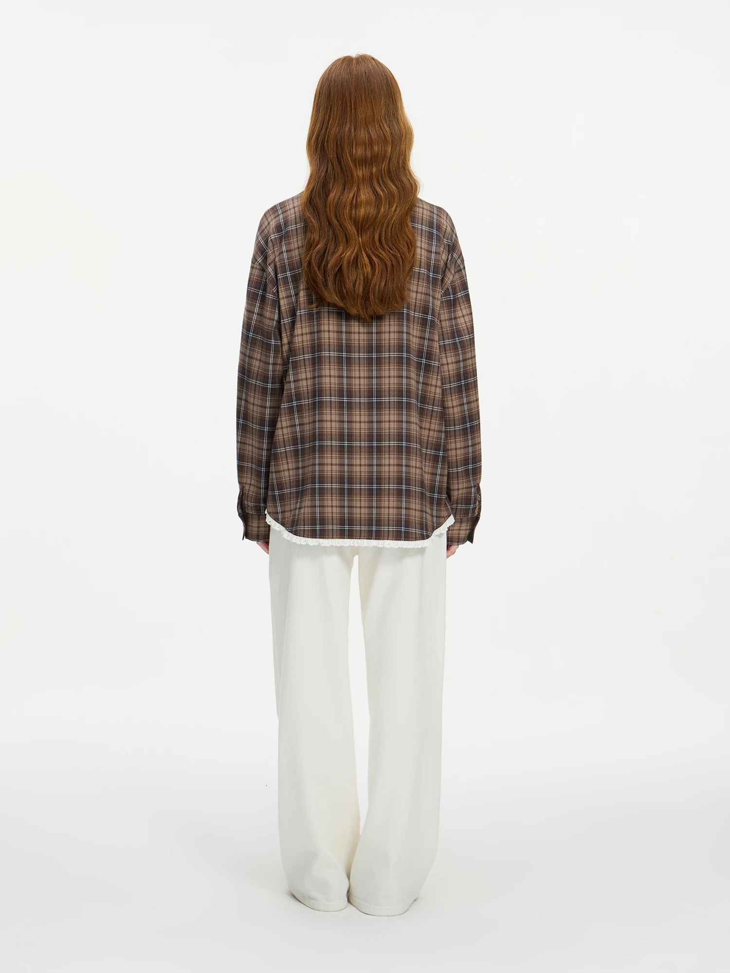 FSLE Women Plaid Blouse Polo Neck Drop Sleeve Female Retro Brown Plaid Shirt Hem Lace Patchwork n Long Sleeve Top 24FS14543 250224