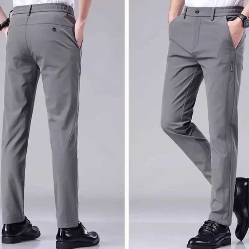 Mens casual pants semi elastic waistband nylon ice silver elastic straight tube light gray business gentleman summer casual W250225