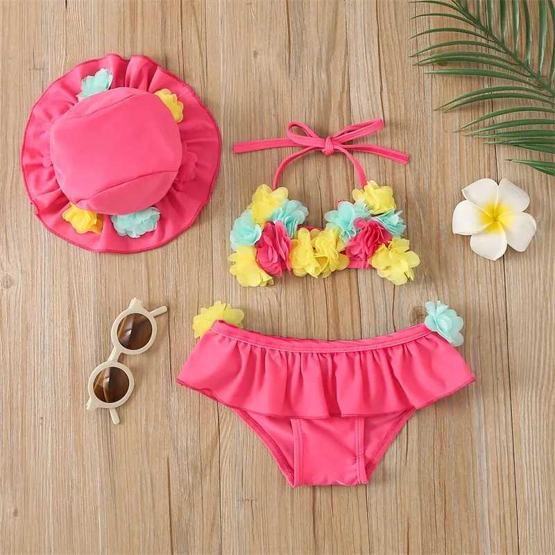 Infant Baby Girl Swimsuit 3D Flower Sleeveless Halter Tank Top Bikini Bottom with Sun Hat Set 0-24M X250224
