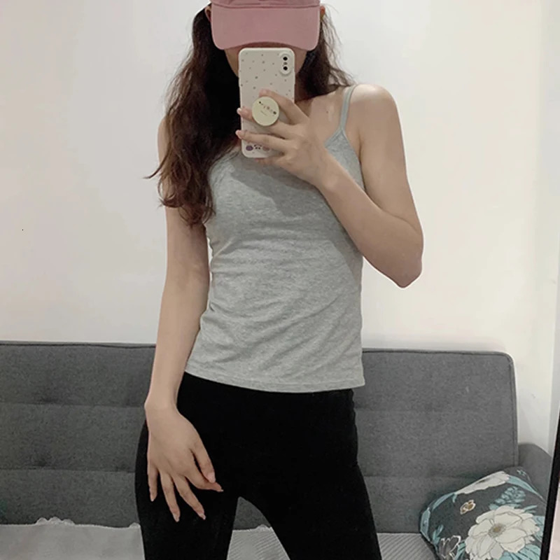 1PC Korean Womens Solid Color Spaghetti Straps Sleeveless Slim Camisole With Chest Pad 250224