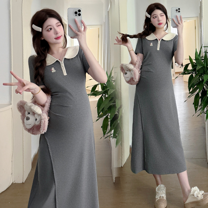 X55180 Summer trendy mom new fashion versatile slim lapel loose medium and long large size pregnancy dress