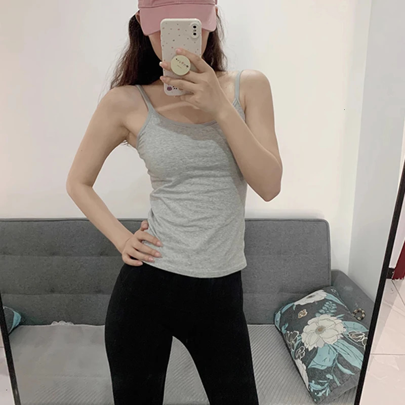 1PC Korean Womens Solid Color Spaghetti Straps Sleeveless Slim Camisole With Chest Pad 250224