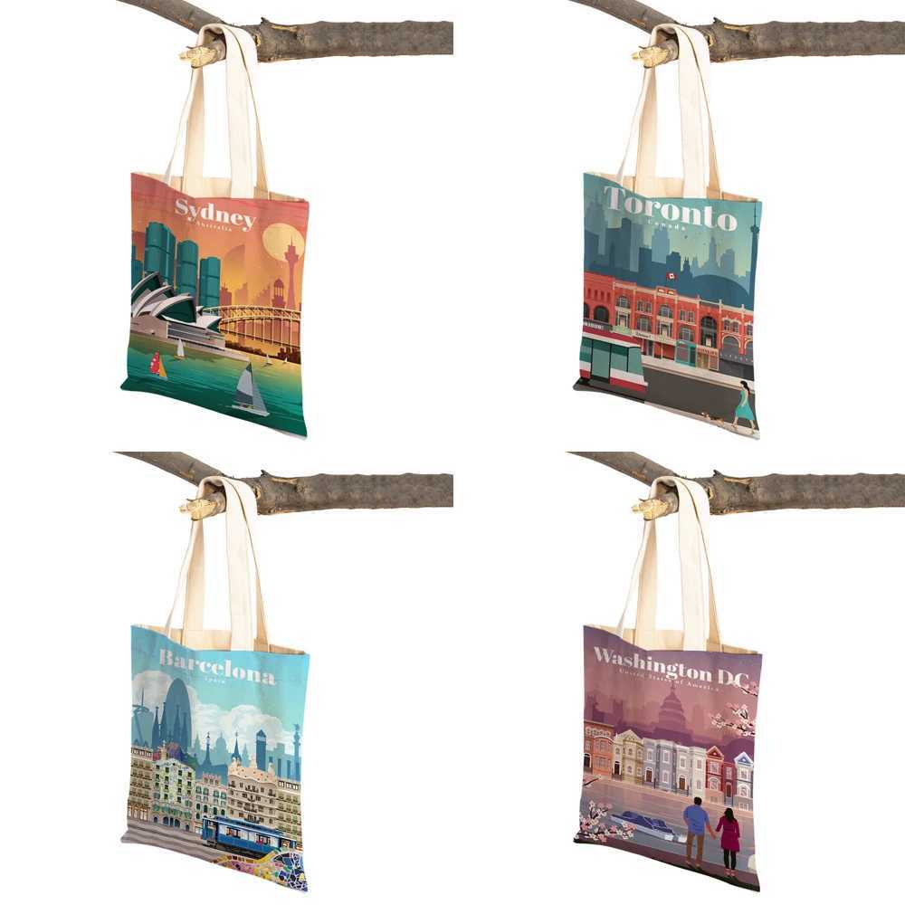 Fashion City Map London New York Paris Spain Shopping Bag Handbag Womens Handbag Casual Canvas Womens Shopping Bag on Both Sides Z250224
