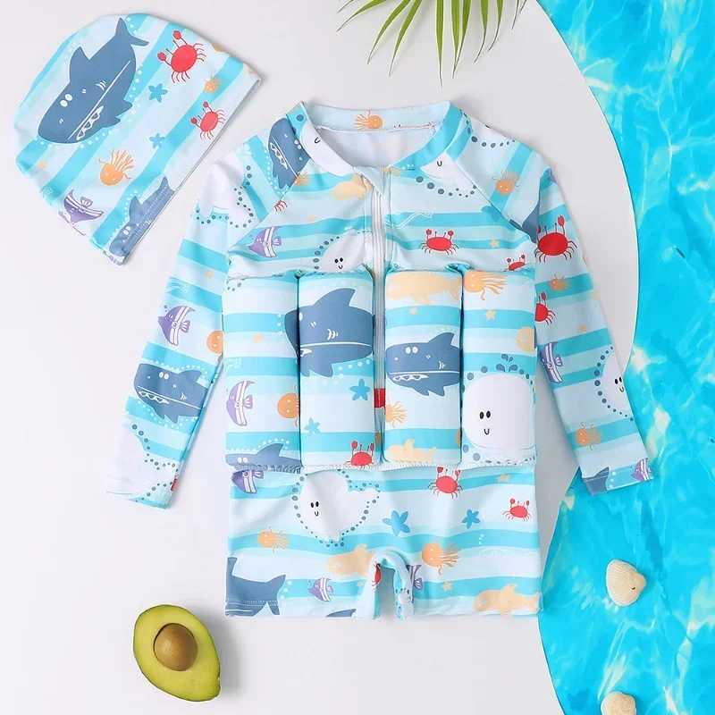 Childrens Buoyancy Swimsuit Cartoon Print Swimwear Kid One-Piece Floating Rash Guards Bathing Clothes Boys Girls Swimming Suits X250224