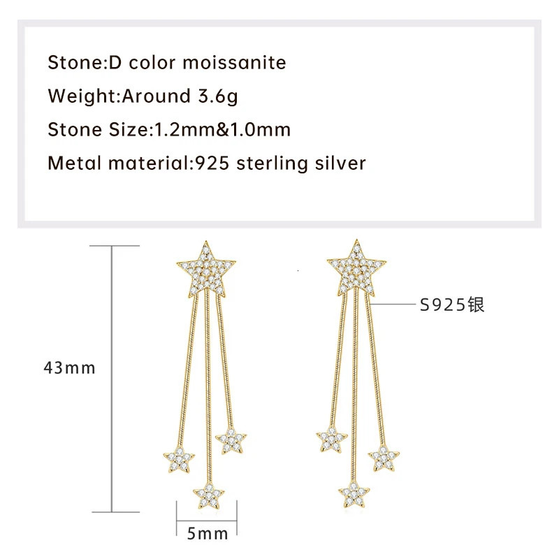 Lnngy 925 Sterling Silver Star Tassel Chain Earings Sparkling 1.2mm 1.0mm Drop Earrings For Women 2025 Jewelry 250221