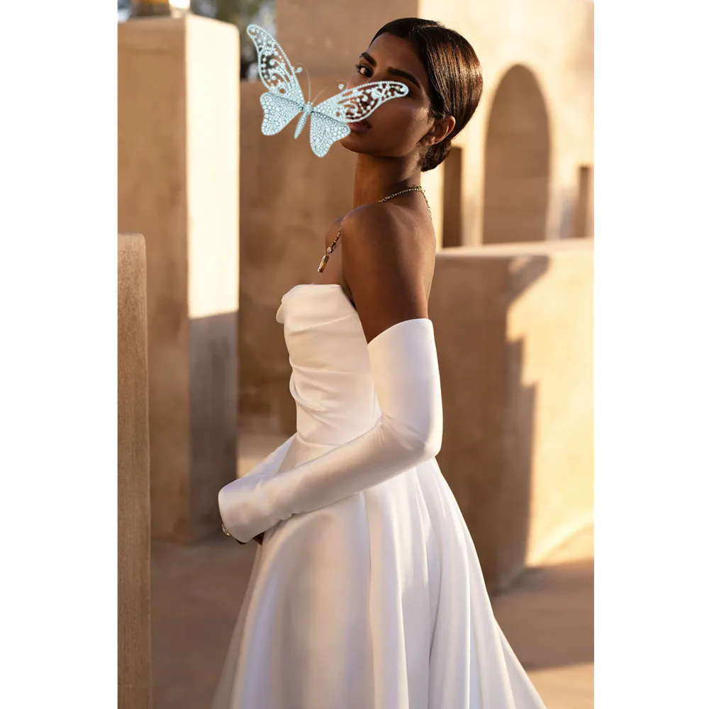 Vintage Satin Long Strapless Wedding Dresses Pockets White Ivory Pleats Open Back Sweep Train Bridal Gowns With Detachable Sleeves Vestido De Novia