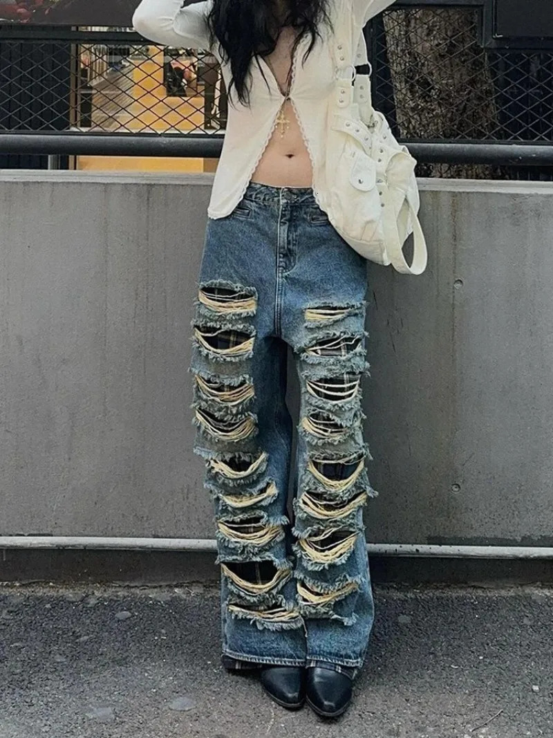 American Heavy Industry Double Ripped Jeans Women Y2K Retro Punk Old Wash Loose Casual High Waist Wide Leg Jeans 250225
