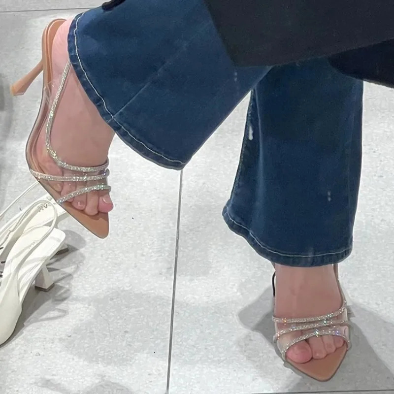 Thin high heels womens 2024 summer fairy style sexy shallow mouth hollow corner water diamond open sole sandals 250218