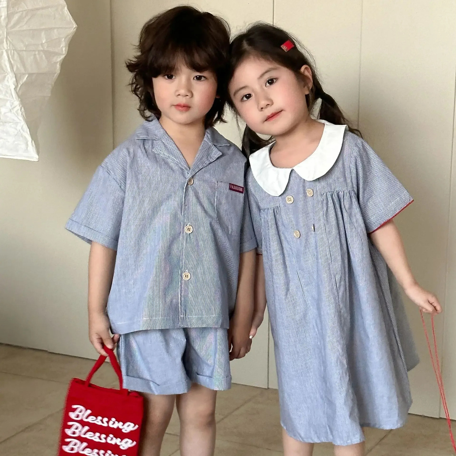 5358 Brothers and Sisters Clothes Summer Baby Boys Suit Shirt Short Leisure Or Girl Dress 250221