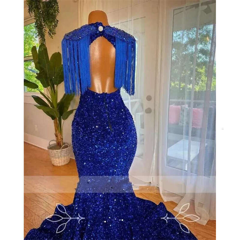 Sparkly Royal Blue Dias Long Prom Dress Glitter Beads Crystal Rhies Sequins Shiny Birthday Party Evening Gowns Robe