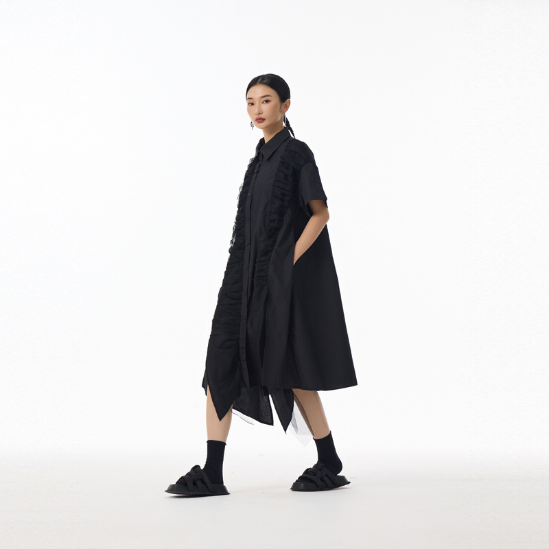 M7125 New Korean version of Yamamoto dark style patchwork short-sleeved shirt dress for women in summer thin niche design
