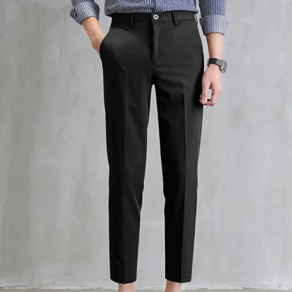 Mens Slim Fit Business Trousers Straight Leg Mid Waist Trousers Ankle Length Zipper Work Pants Solid Color Suit Pants W250225