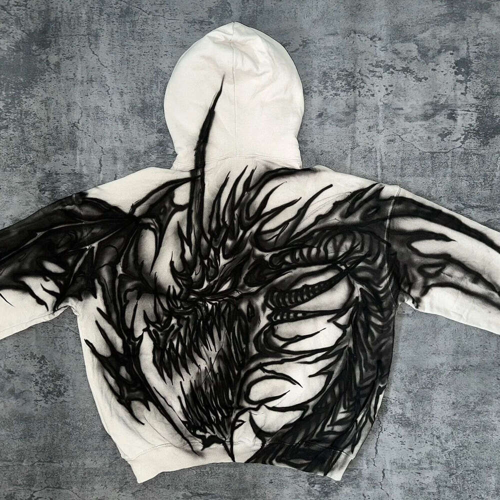 New American autumn and winter fashion trend Harajuku Gothic street evil dragon graffiti print hoodie sweatshirt gift for man