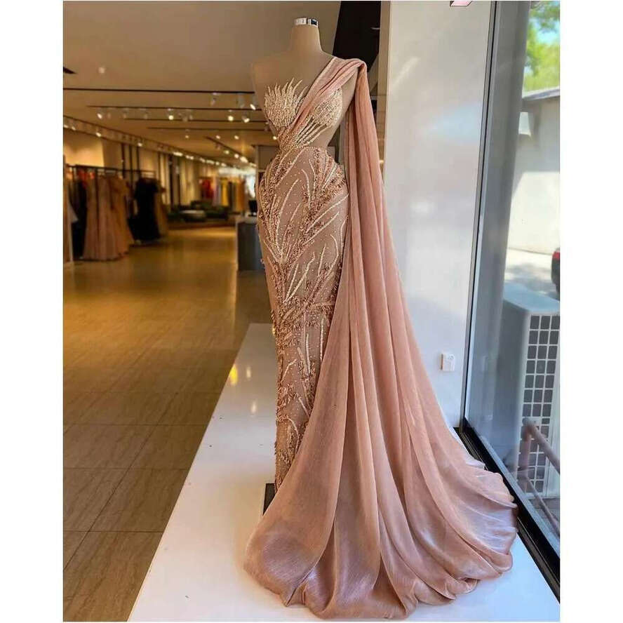 Blush Pink Mermaid Prom Dresses With Wrap One Shoulder Lace Beaded Dubai Glitter Robe De Soiree Arabic Evening Dress