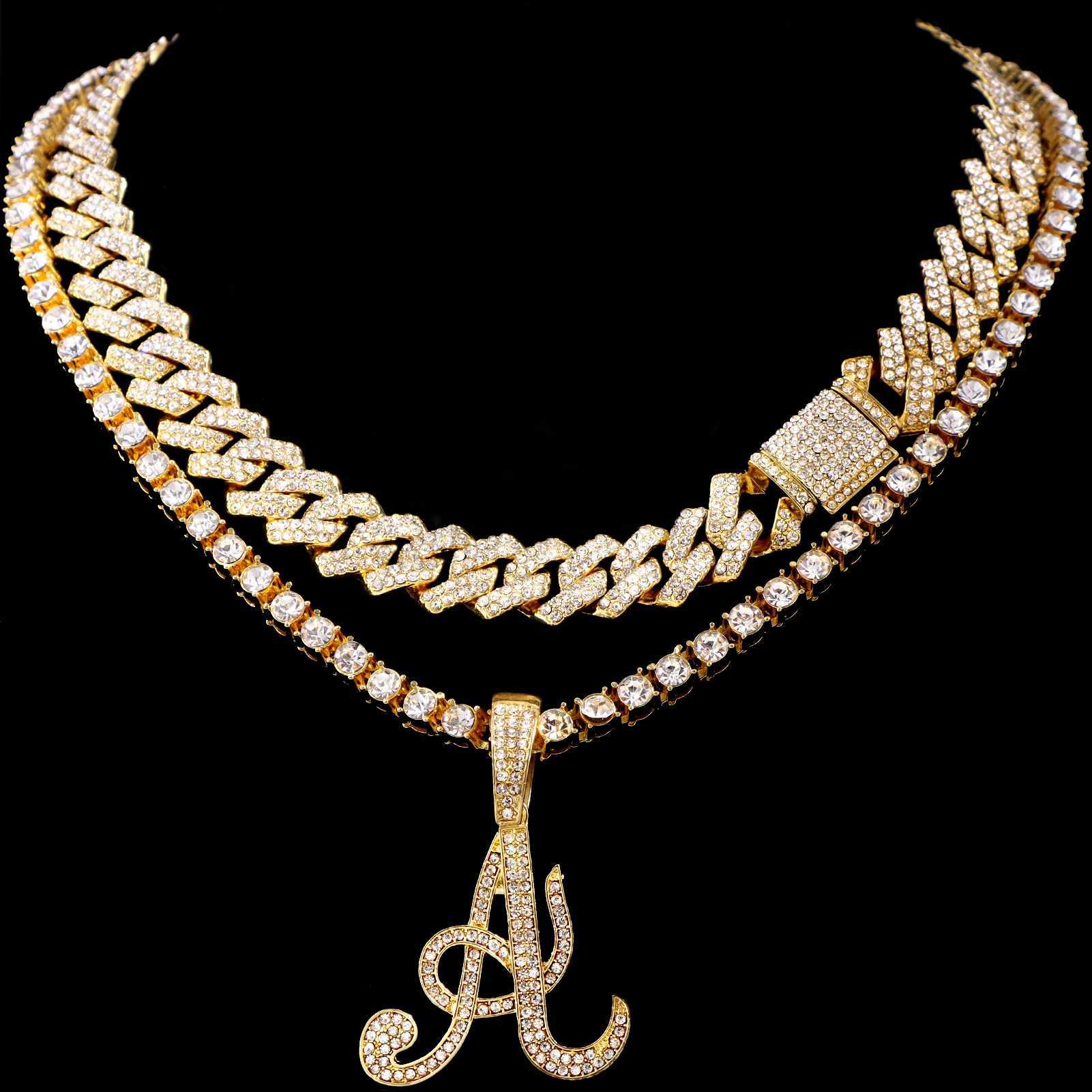 d Out Prong Cuban Chain Choker Necklace Bling Crystal Cursive Initial Tennis Chain Letters Pendant Necklaces Birthday Jewelry X250224