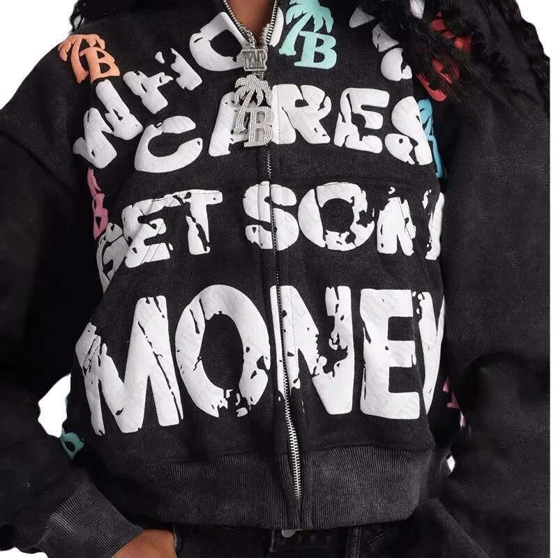 Y2K trendy American letter pattern loose casual comfortable hooded zipper sweatshirt jacket top