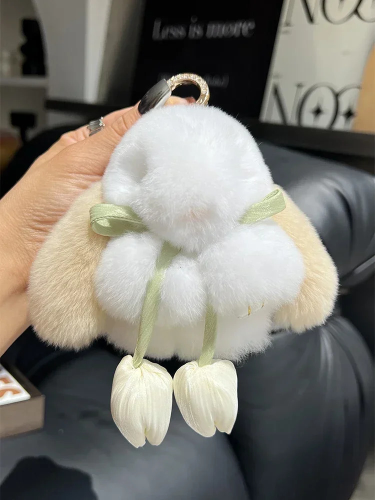 Cute Real Rex Rabbit Fur Keychain Mini Bunny Pendant Women Bag Charm Car Key Ring Ornaments Plush Toy Trinkets Classic Gift 250224