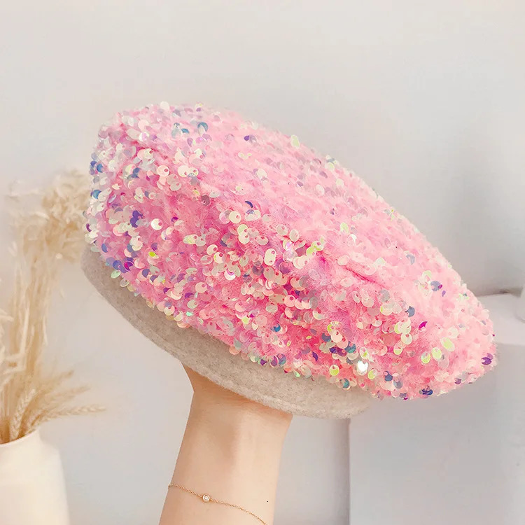 Autmn women lady casual cotton sequins beret cap Girl punk Hip hip rainbow beret British artist pumpkin hats Gorros 250225