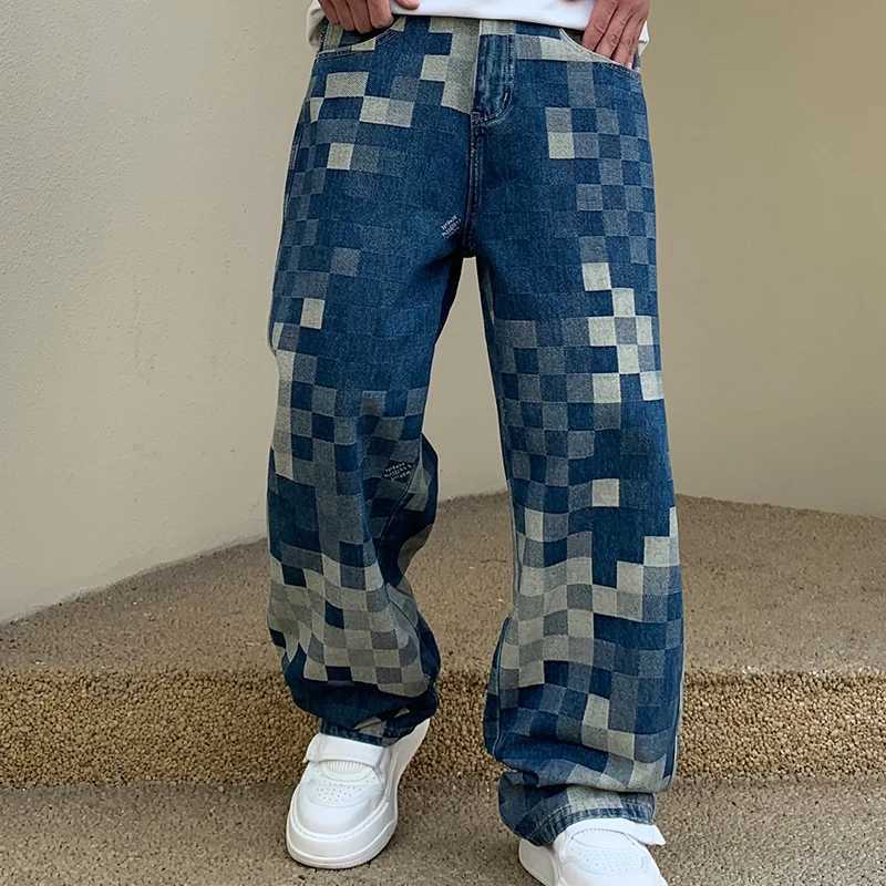 Men's Jeans Mosaic checkerboard jeans mens fashionable and personalized design loose straight leg street hip-hop Y2K unique trendy pants z250225