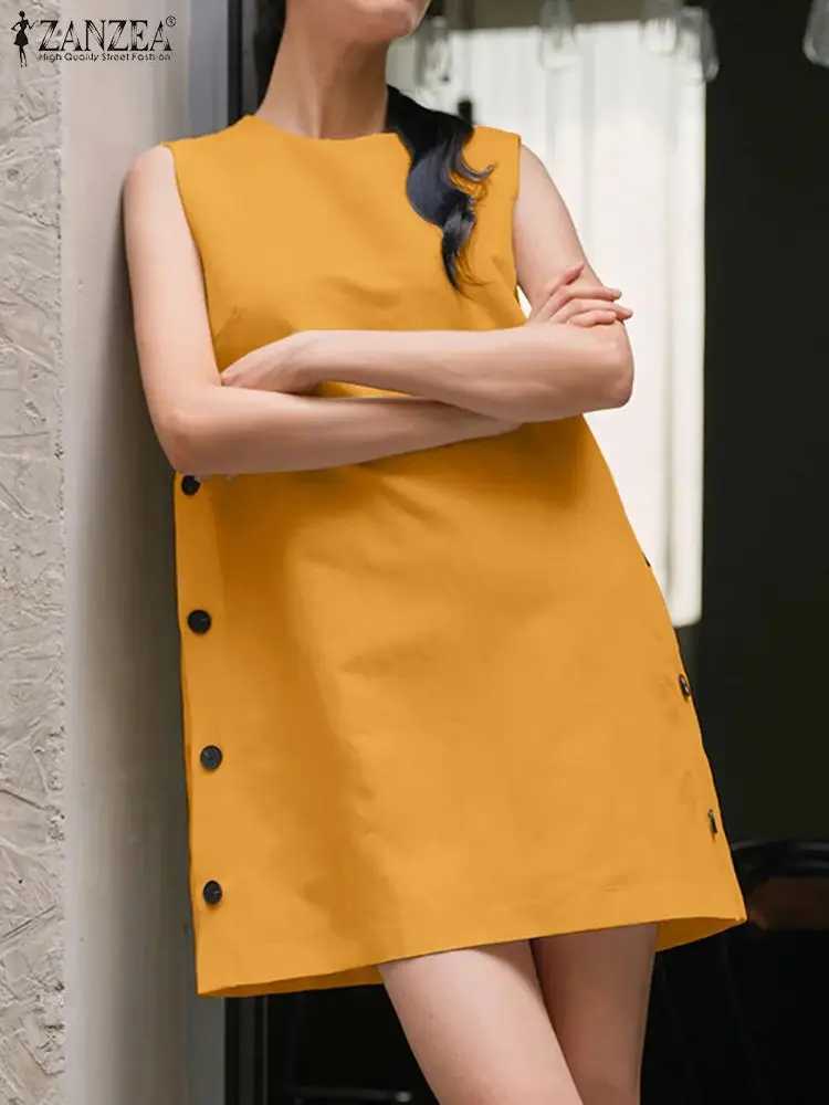 ZANZEA Women Sveless Tank Mini Dress 2024 Summer Casual Buttons Sundress Solid Round Neck Short Dress Holiday A-line DressesXJ250224