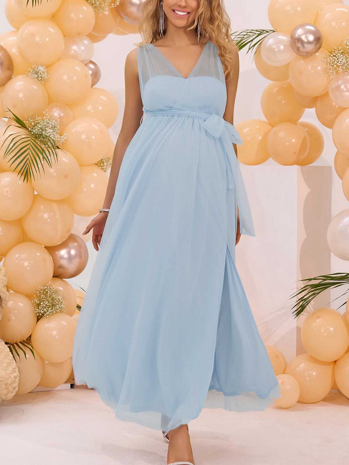 ItsRoya Solid V Neck Backless Pregnant Dress With Waist Tie Casual Photography Props Dresses Loose Side Split Maternity Dress X250224