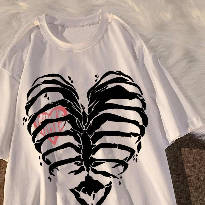 Womens T-shirt Harajuku Y2K Top Harajuku Retro Korean Style Black Demon Punk Gothic Anime Print Slim Fit Thin T-Shirt Clothes 250225