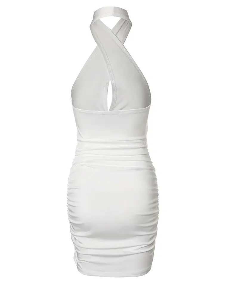 CHAXIAOA 1 Piece Summer 2022 Women New Sexy Halter Sveless Ruched Bodycon Fashion Mini DressXJ250224