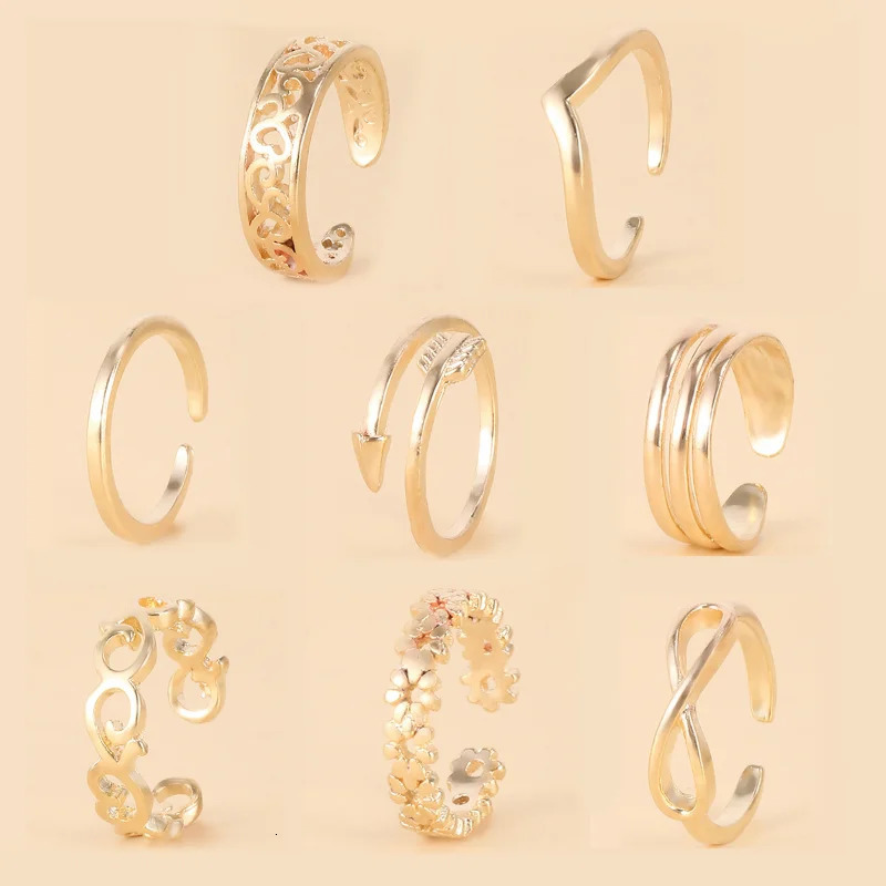 8 Pcs/Set Silver Color Toe Rings for Women Gold Color Adjustable Toe Rings Various Types Band Rings Open Ring Set Beach Jewelry 250218